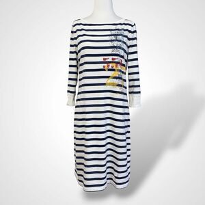 Ralph Lauren Jeans Co Blue White Striped Midi Dress Size M Cotton 3/4 Sleeve